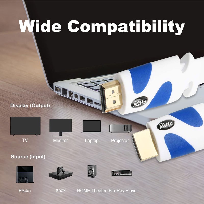 Postta Flat HDMI Cable 30 Feet Flat HDMI 2.0 Cord Support 4K, 3D, 2160p, 1080p, Ethernet and Audio Return-White-Blue - Image 2